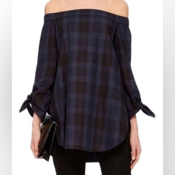 Tibi Tops - Tibi Off The Shoulder Purple Black Plaid Cotton Long Sleeve Top Size 6 EUC